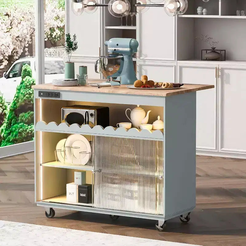 Acekool Rolling Kitchen Island with Sliding Fluted Glass Doors, Ambient Glow, Rubberwood Countertop, Power Outlets, Gray Blue