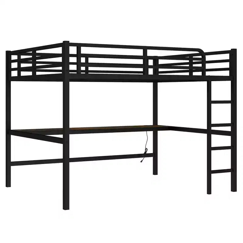 Lit mezzanine en métal double XL avec prise de courant et éclairage LED, peu encombrant, réduction du bruit, noir