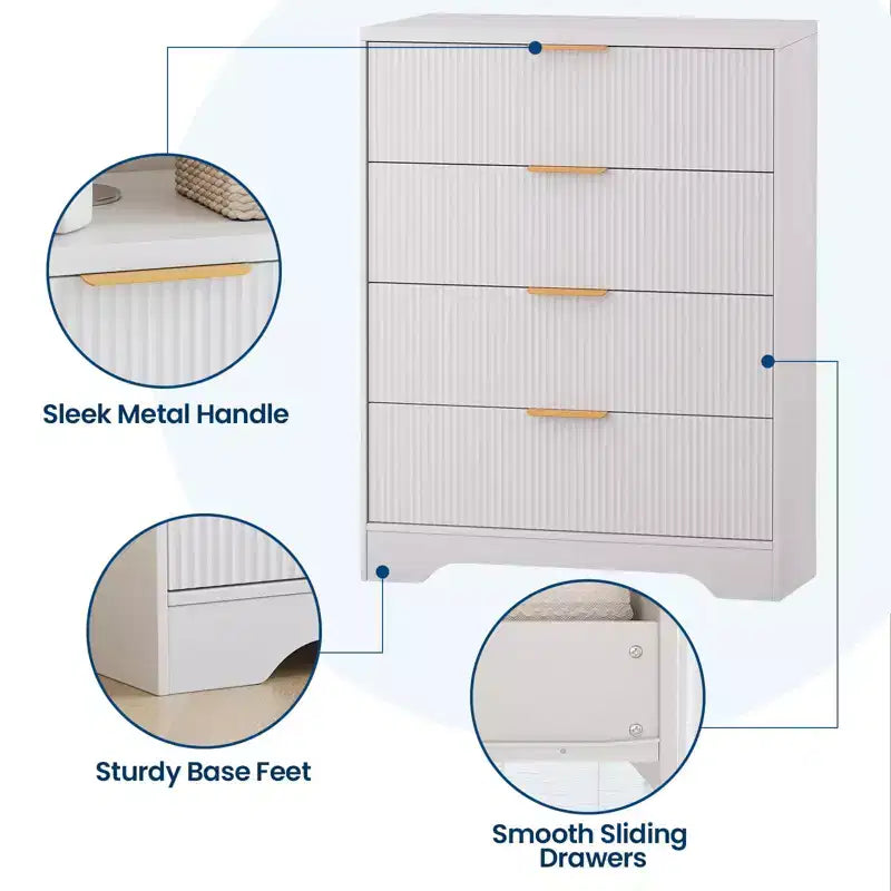Commode 4 tiroirs pour chambre à coucher, commode en bois de 80 cm de large avec poignées dorées, organisateur de rangement, commode de placard pour chambre à coucher ou couloir