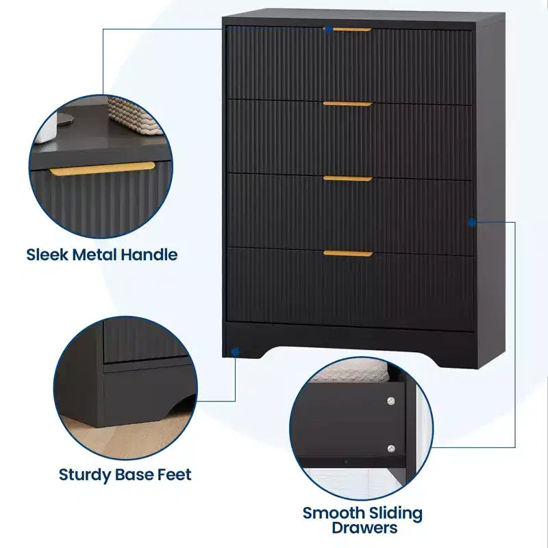 Commode 4 tiroirs pour chambre à coucher, commode en bois de 80 cm de large avec poignées dorées, organisateur de rangement, commode de placard pour chambre à coucher ou couloir