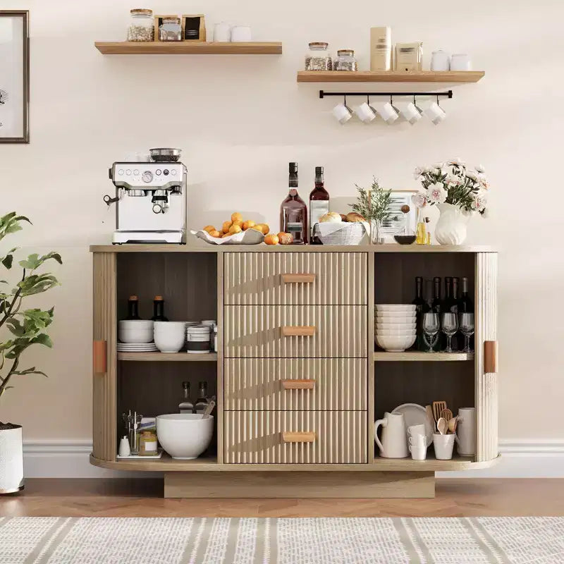 Meuble buffet, bar à café multifonctionnel cannelé de 120 cm avec 4 tiroirs et portes coulissantes - Bahut moderne en chêne