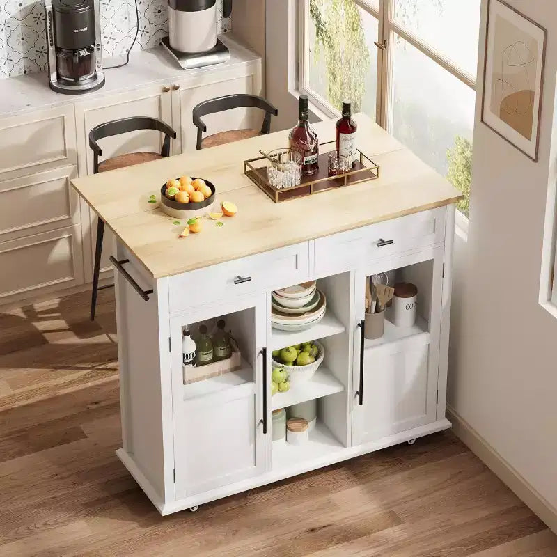 Îlot de cuisine roulant Coolmee avec abattant, desserte à roulettes avec rangement, chariot de micro-ondes sur roulettes, desserte de bar de table pour cuisine avec porte-serviettes