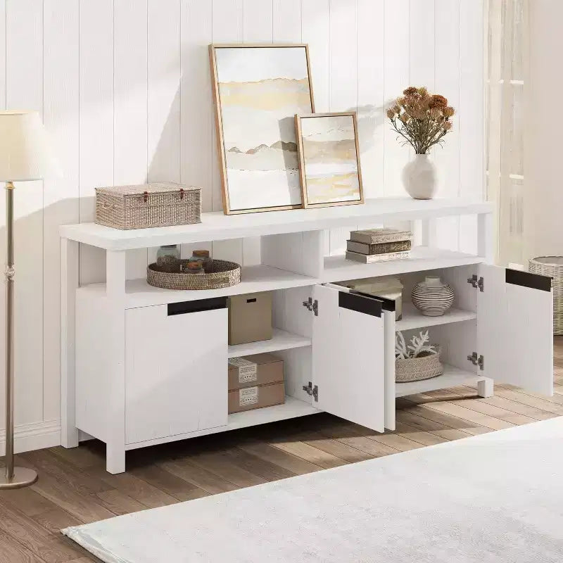 Meuble TV de ferme pour téléviseurs jusqu'à 70 pouces, meuble TV de 160 cm de long avec 4 portes et étagère ouverte, consoles multimédia rustiques