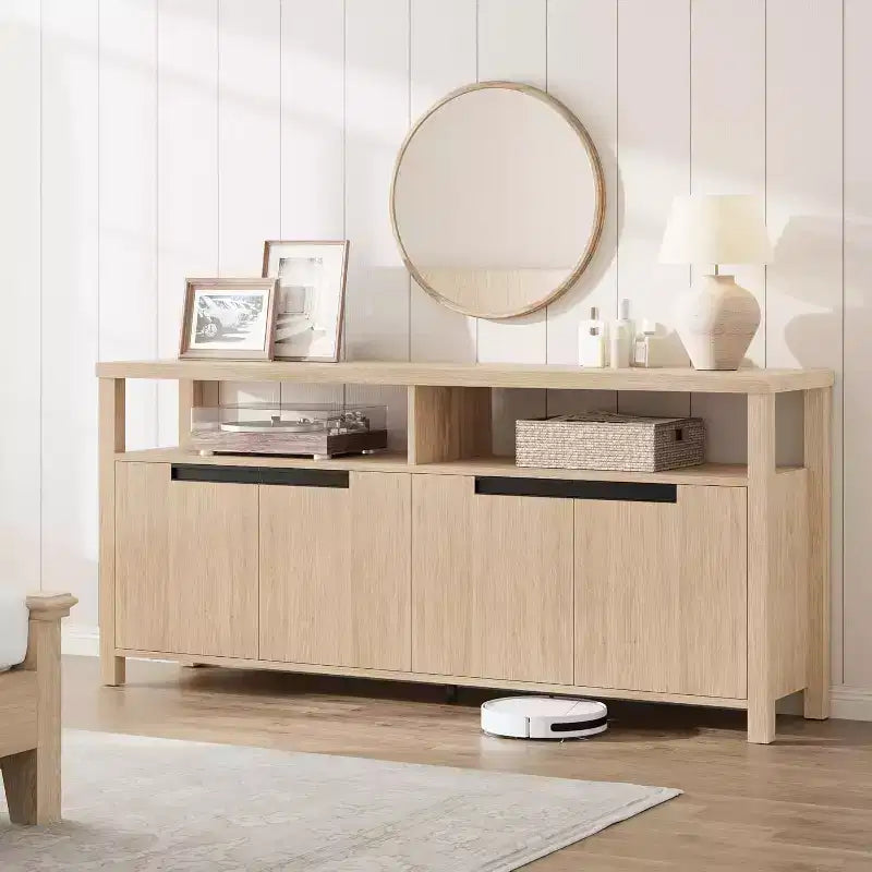 Meuble TV de ferme pour téléviseurs jusqu'à 70 pouces, meuble TV de 160 cm de long avec 4 portes et étagère ouverte, consoles multimédia rustiques