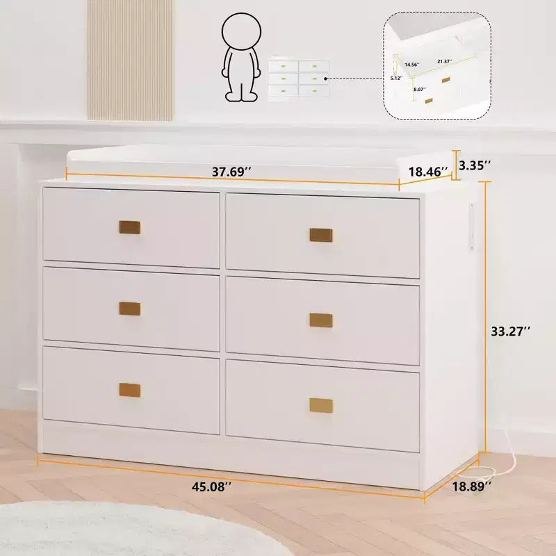 Commode à langer GustoWave pour chambre d'enfant, commode bébé 6 tiroirs avec dispositif anti-basculement, plateau imperméable