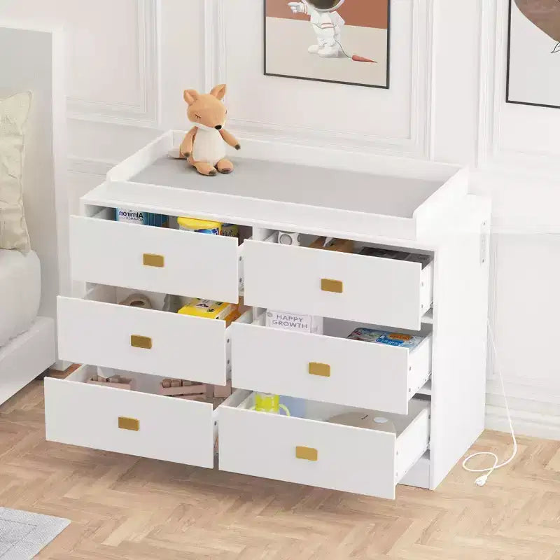 Commode à langer GustoWave pour chambre d'enfant, commode bébé 6 tiroirs avec dispositif anti-basculement, plateau imperméable