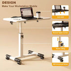 Table avec roulettes - Bureau d'ordinateur portable roulant à hauteur réglable, table d'appoint pour bureau à domicile