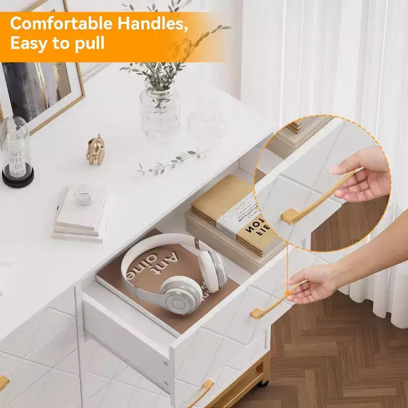 Commode à 6 tiroirs pour chambre à coucher avec pieds en métal et poignée dorée, armoire de rangement moderne pour salon, couloir, entrée