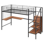 Lit mezzanine en métal avec bureau et grille métallique, lit élégant avec cadre en métal, échelle de rangement latérale et armoire