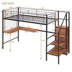Lit mezzanine en métal avec bureau et grille métallique, lit élégant avec cadre en métal, échelle de rangement latérale et armoire