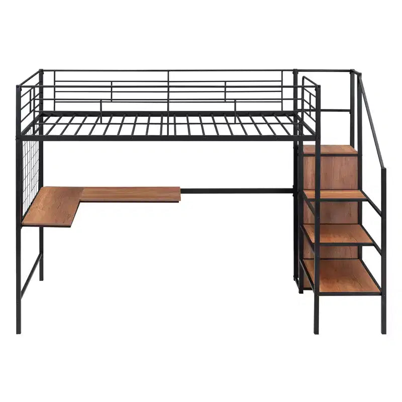 Lit mezzanine en métal avec bureau et grille métallique, lit élégant avec cadre en métal, échelle de rangement latérale et armoire