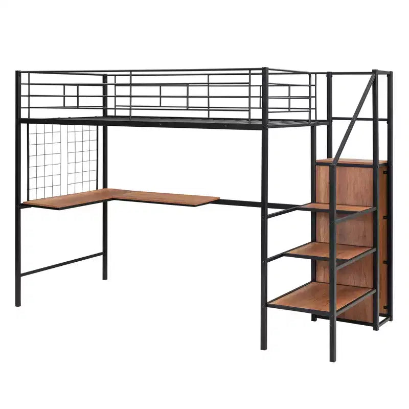 Lit mezzanine en métal avec bureau et grille métallique, lit élégant avec cadre en métal, échelle de rangement latérale et armoire