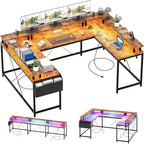 Bureau d'angle en U de 200 cm pour gamer, bureau d'ordinateur réversible en forme de L avec prises de courant, lumières LED, support d'écran et étagères de rangement