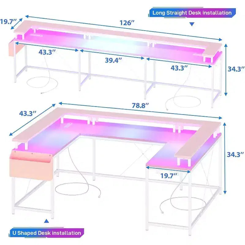 Bureau d'angle en U de 200 cm pour gamer, bureau d'ordinateur réversible en forme de L avec prises de courant, lumières LED, support d'écran et étagères de rangement