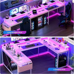 Bureau d'angle en U de 200 cm pour gamer, bureau d'ordinateur réversible en forme de L avec prises de courant, lumières LED, support d'écran et étagères de rangement