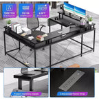 Bureau d'angle en U de 200 cm pour gamer, bureau d'ordinateur réversible en forme de L avec prises de courant, lumières LED, support d'écran et étagères de rangement