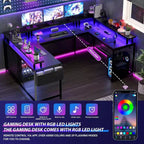 Bureau d'angle en U de 200 cm pour gamer, bureau d'ordinateur réversible en forme de L avec prises de courant, lumières LED, support d'écran et étagères de rangement