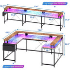 Bureau d'angle en U de 200 cm pour gamer, bureau d'ordinateur réversible en forme de L avec prises de courant, lumières LED, support d'écran et étagères de rangement