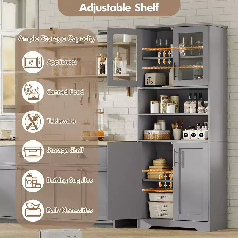 Coolmee Armoire de rangement haute de 170 cm, meuble de salle de bain avec 4 portes et étagères réglables, armoire de cuisine, buffet pour salon ou salle à manger