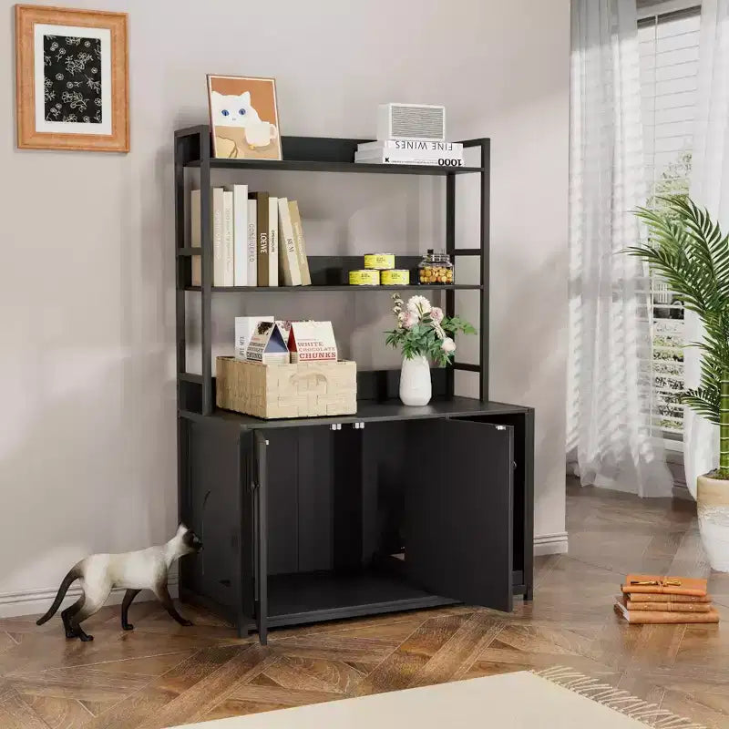 Meuble Cache-litière Grand COZONY avec Étagères et Portes, Meuble Cache-litière Chat 52, Cache-litière Dissimulé avec Griffoir
