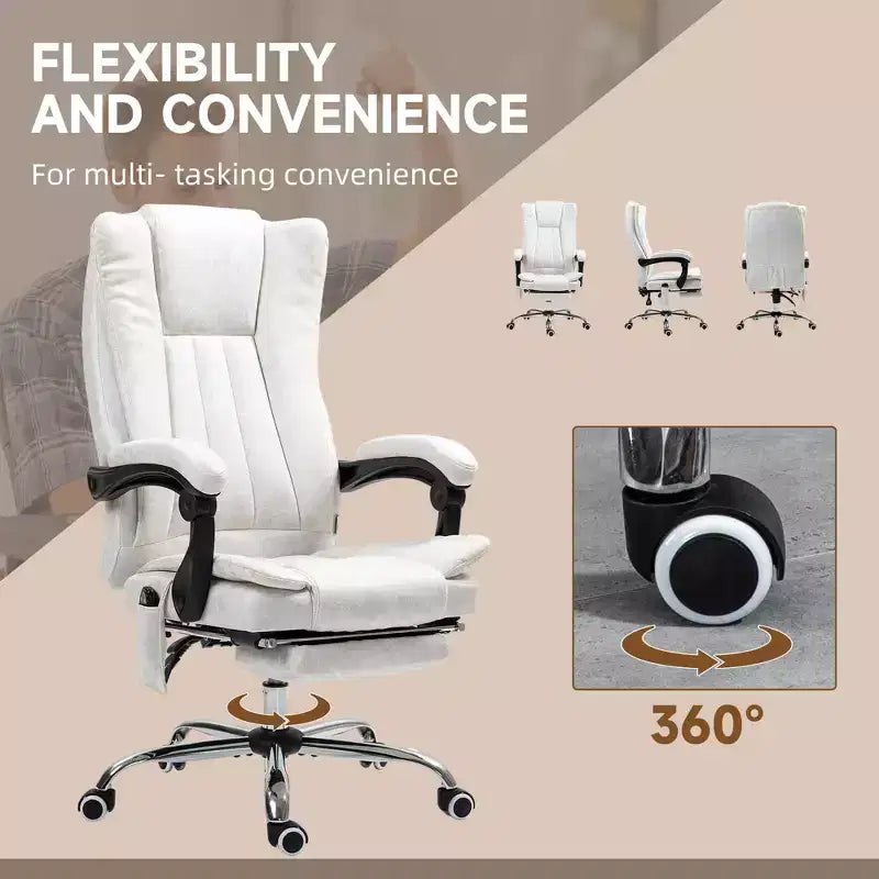 Chaise de bureau de massage Vinsetto à 6 points et chauffante, chaise d'ordinateur inclinable avec hauteur et repose-pieds réglables, blanche