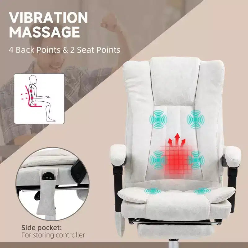 Chaise de bureau de massage Vinsetto à 6 points et chauffante, chaise d'ordinateur inclinable avec hauteur et repose-pieds réglables, blanche