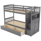 Lits superposés jumeaux avec escalier et tiroirs pour enfants, lits superposés en bois jumeaux avec escalier et armoire de rangement