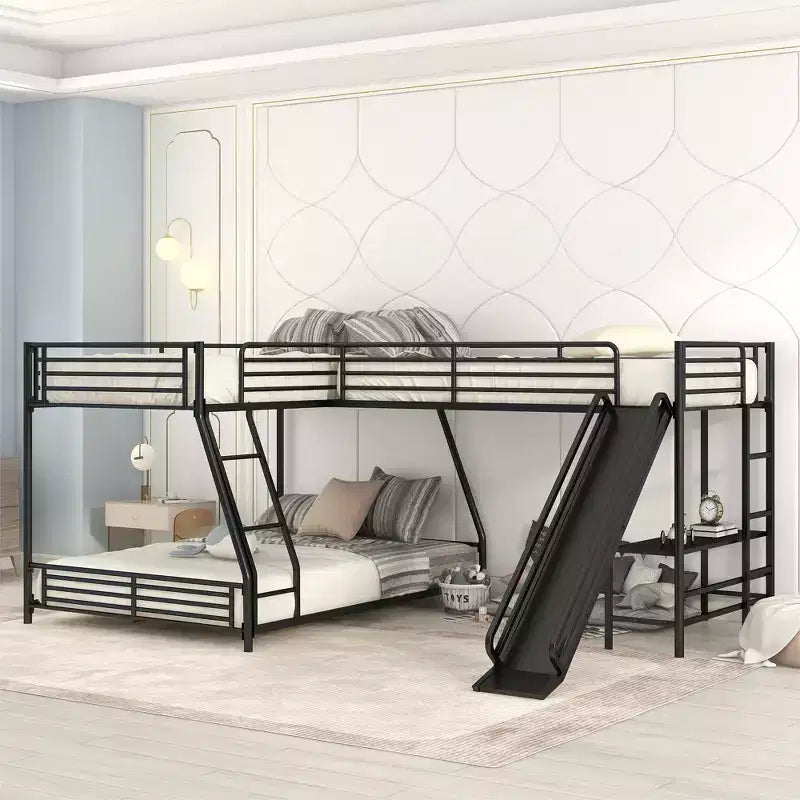 Lit superposé en métal (double au-dessus de grand), lit superposé en L pour 3 enfants, lit superposé triple robuste avec bureau et toboggan, noir