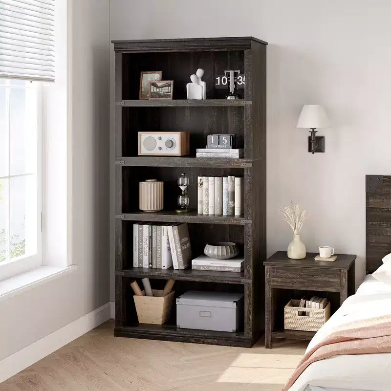 Bibliothèque de ferme à 5 étagères, avec rangement, étagères ouvertes, étagères de rangement, bibliothèques en bois de 81 cm de large pour bureau, bibliothèque