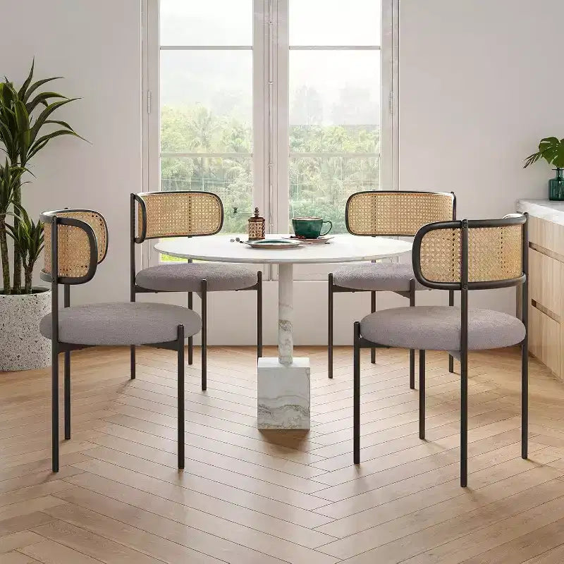 Chaises de salle à manger modernes rembourrées, lot de 4, dossier en rotin, chaises d'appoint de cuisine avec pieds en métal, rose