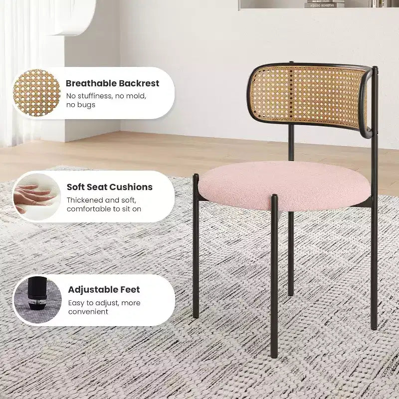 Chaises de salle à manger modernes rembourrées, lot de 4, dossier en rotin, chaises d'appoint de cuisine avec pieds en métal, rose