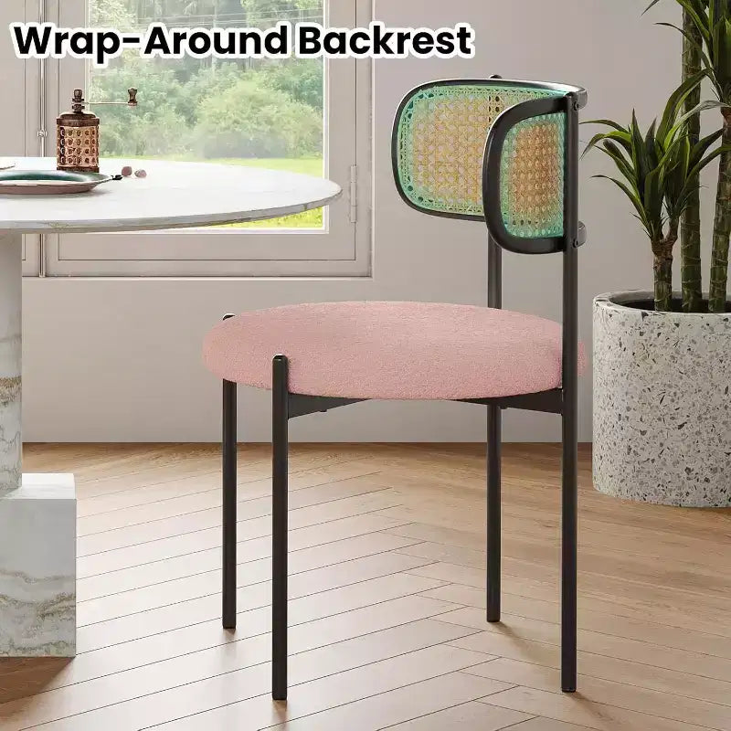 Chaises de salle à manger modernes rembourrées, lot de 4, dossier en rotin, chaises d'appoint de cuisine avec pieds en métal, rose