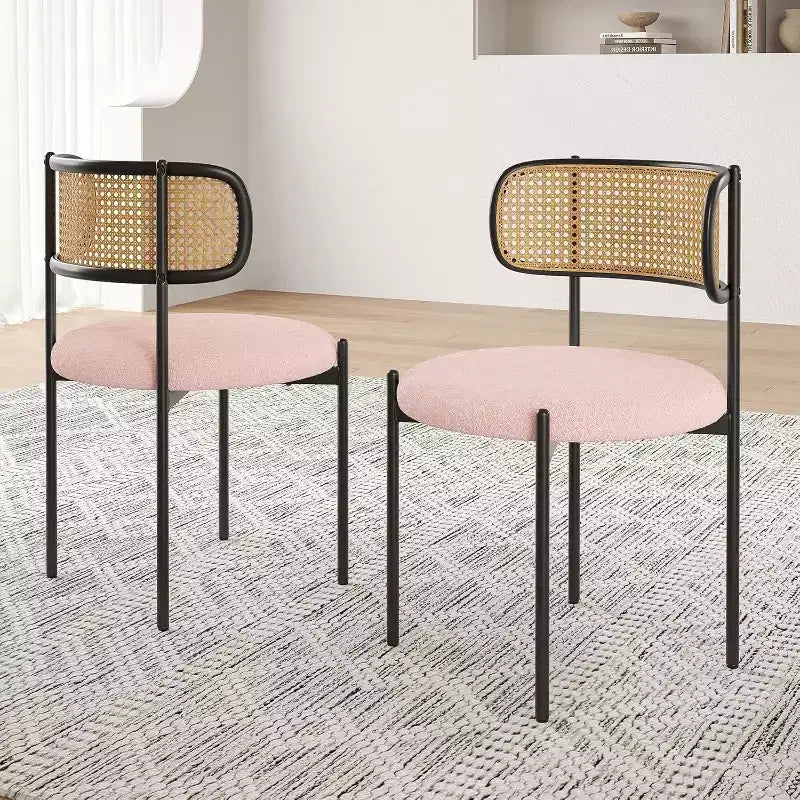 Chaises de salle à manger modernes rembourrées, lot de 4, dossier en rotin, chaises d'appoint de cuisine avec pieds en métal, rose