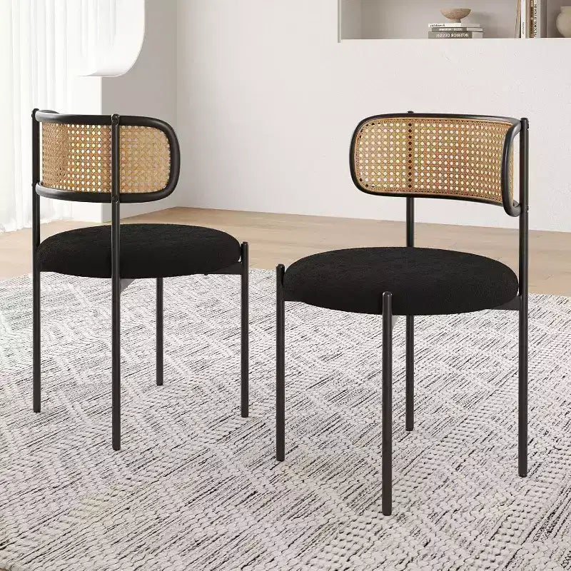 Chaises de salle à manger modernes rembourrées, lot de 4, dossier en rotin, chaises d'appoint de cuisine avec pieds en métal, rose
