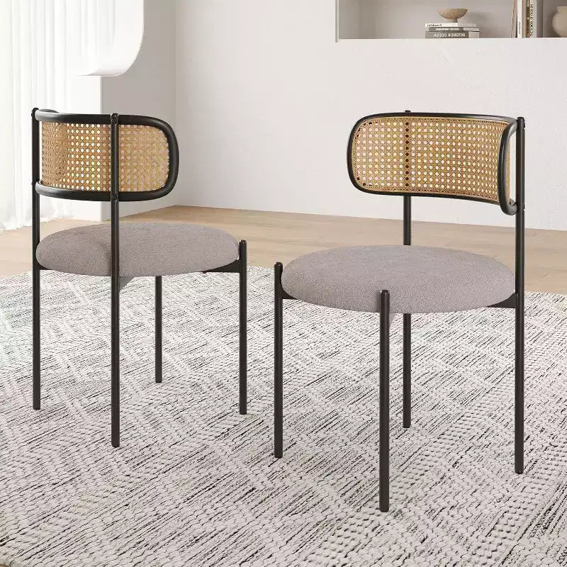 Chaises de salle à manger modernes rembourrées, lot de 4, dossier en rotin, chaises d'appoint de cuisine avec pieds en métal, rose
