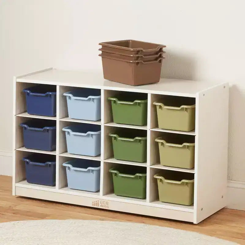 Meuble de rangement mobile ECR4Kids à 12 casiers et 15 bacs Scoop Front, 3x4, mobilier pour enfants
