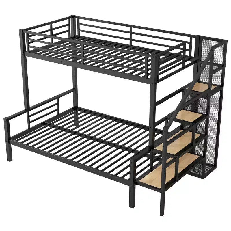 Lit superposé en métal une place et demi avec escalier de rangement, cadre de lit en acier robuste avec armoire ouverte pour enfants, adolescents et adultes, noir