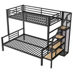 Lit superposé en métal une place et demi avec escalier de rangement, cadre de lit en acier robuste avec armoire ouverte pour enfants, adolescents et adultes, noir