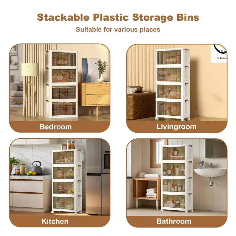 Bacs de rangement empilables en plastique GustoWave à 4 niveaux, 4 bacs de rangement pliables avec roulettes Organisateur de placard et rangement à double porte pour chambre à coucher