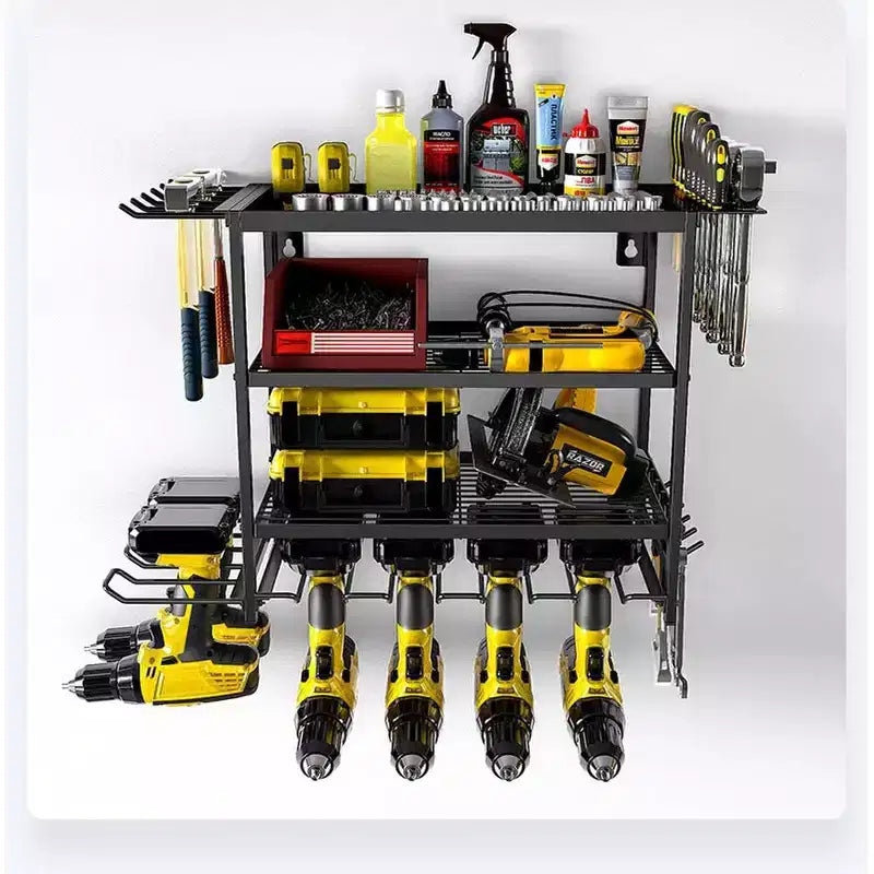 TROPOW Support mural de rangement pour outils électriques, support à 4 niveaux pour 4 perceuses électriques, étagère à outils robuste pour garage, atelier