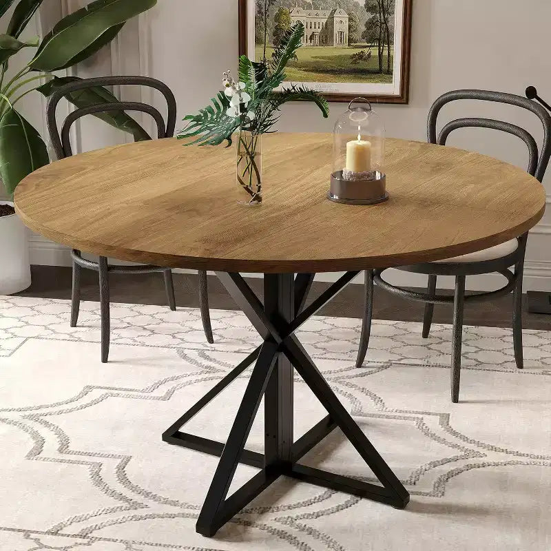 Table de salle à manger ronde de 120 cm pour 4 personnes, tables de cuisine en bois avec pied en métal et plateau en 4 parties, peu encombrante, table de dîner circulaire pour la maison