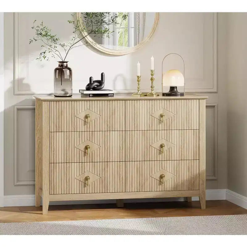 Acekool Commode cannelée à 6 tiroirs de 120 cm, Meuble de rangement moderne pour chambre à coucher, salon