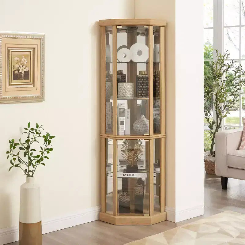 Meuble d'angle Okak, Vitrine d'angle avec portes et étagères en verre, Vitrine d'exposition d'angle pour salon