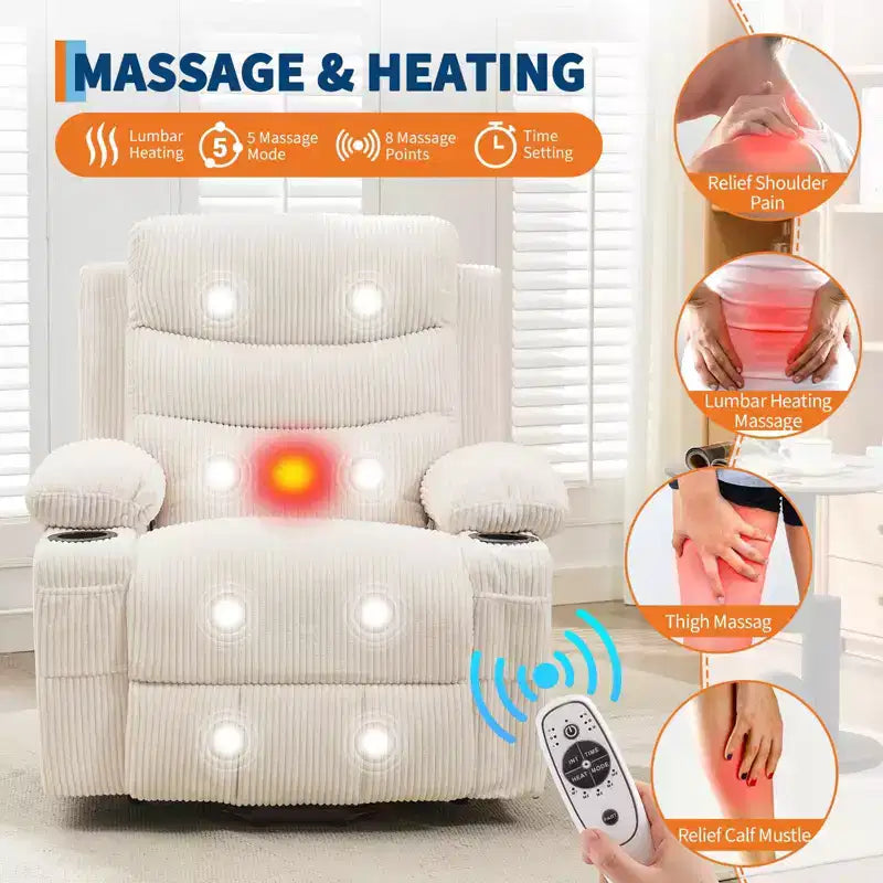Fauteuil inclinable électrique surdimensionné GustoWave avec massage et chaleur pour personnes âgées, grand fauteuil inclinable, canapé inclinable individuel.