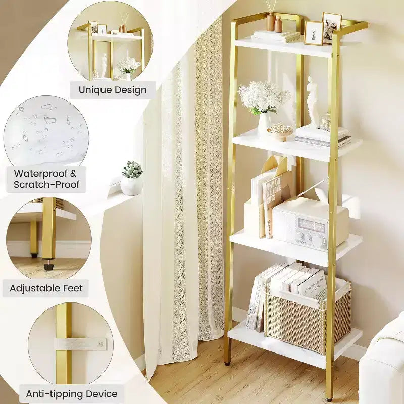 Étagère Acekool à 4 niveaux dorée, étagère de présentation étroite avec tablettes effet marbre et cadre métallique, bibliothèque pour chambre ou bureau