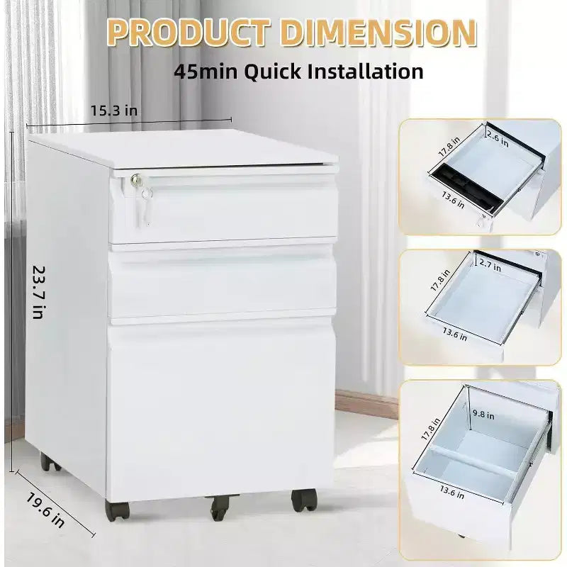 Acekool Caisson de bureau mobile à 3 tiroirs – Rangement verrouillable avec roulettes anti-basculement, compatible avec les dossiers lettres/format légal/A4, organisateur sous le bureau, noir