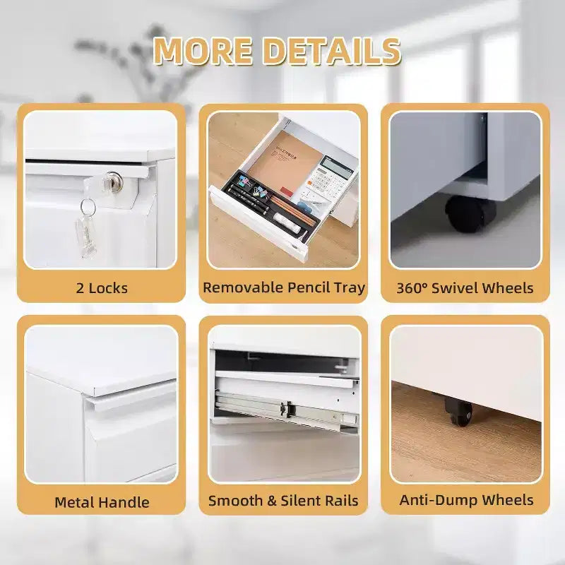 Acekool Caisson de bureau mobile à 3 tiroirs – Rangement verrouillable avec roulettes anti-basculement, compatible avec les dossiers lettres/format légal/A4, organisateur sous le bureau, noir
