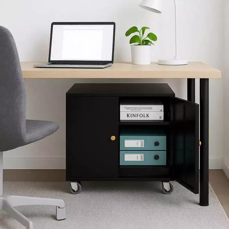 Meuble d'imprimante mobile Acekool - Rangement 2 portes avec étagère réglable, design sous bureau pour bureau et petits espaces, organisateur noir 23,6"