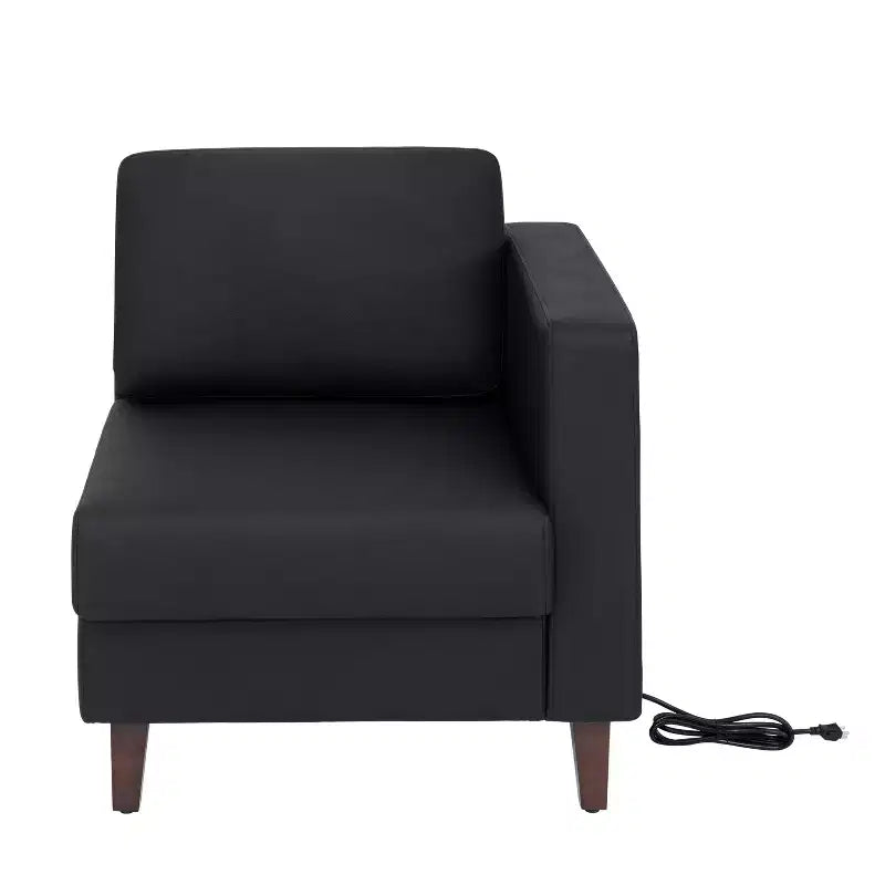 Fauteuil de réception HERCULES Artemis rembourré à accoudoir droit de Flash Furniture, 2 prises CA/1 port USB/1 port USB-C et pieds en bois de noyer avec patin de sol réglable