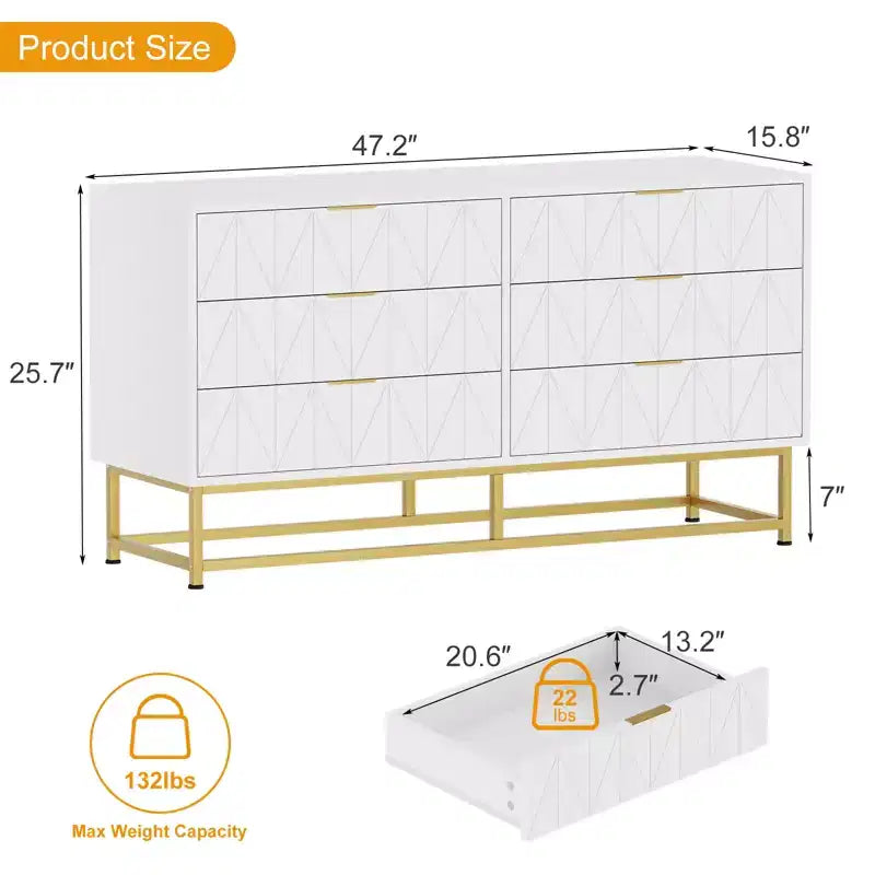Commode étroite et moderne à 6 tiroirs en tissu avec poignée dorée pour chambre, dressing et salon